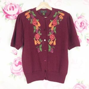 Charter Club Vintage  Embroidered Floral Button Knit Top M